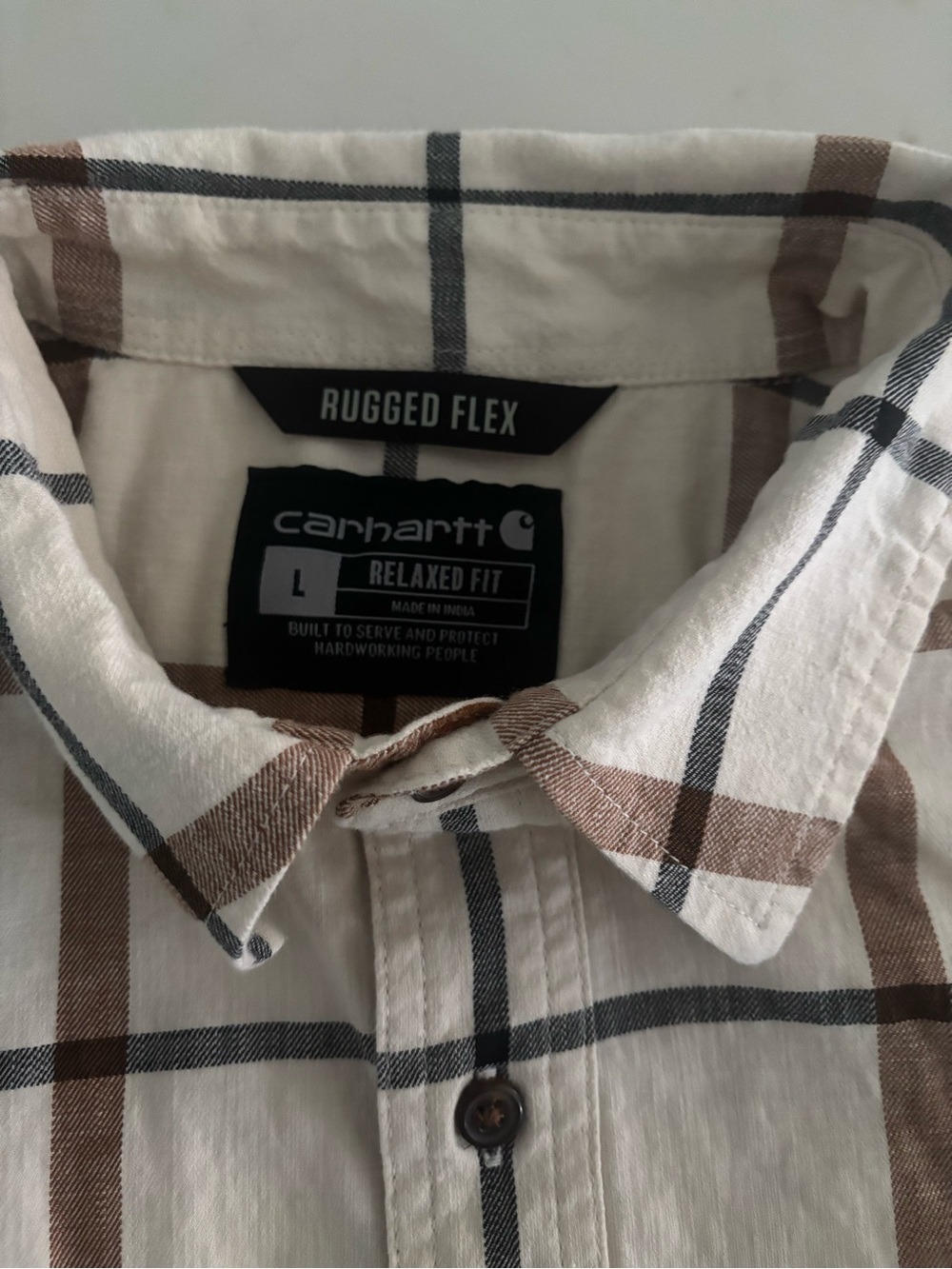 Carhartt Rugged Flex White Plaid Button-Down Shirt with Brown and Black Stripes